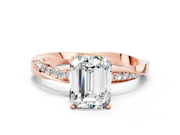 Rose gold Emerald Cut Moissanite Engagement Ring with Side Stone Accents and Four-Prong Setting