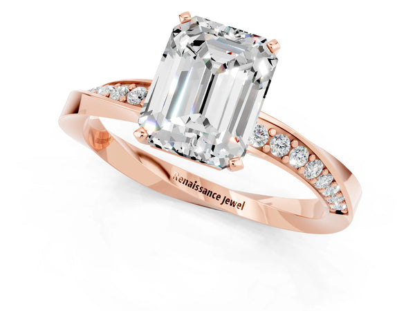 Rose gold Emerald Cut Moissanite Engagement Ring with Side Stone Accents and Four-Prong Setting