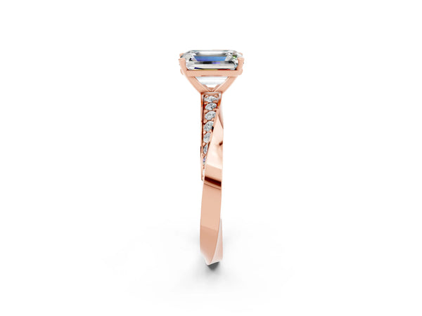 Rose gold Emerald Cut Moissanite Engagement Ring with Side Stone Accents and Four-Prong Setting