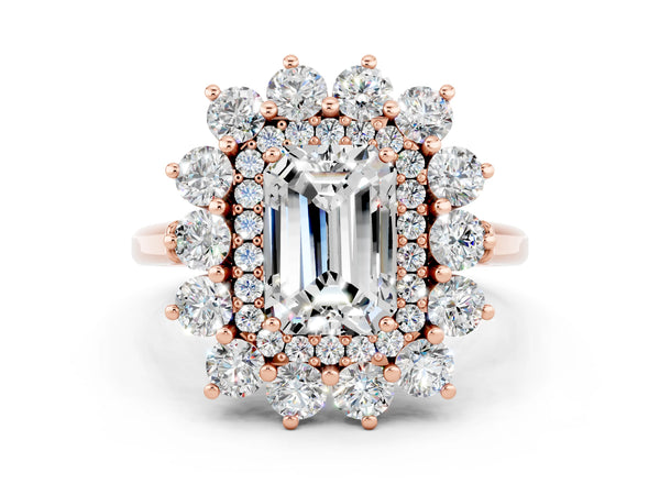 Rose gold Emerald Cut Moissanite Floral Double Halo Engagement Ring with Prong Setting