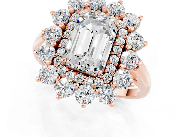 Rose gold Emerald Cut Moissanite Floral Double Halo Engagement Ring with Prong Setting