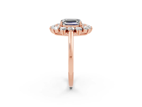 Rose gold Emerald Cut Moissanite Floral Double Halo Engagement Ring with Prong Setting