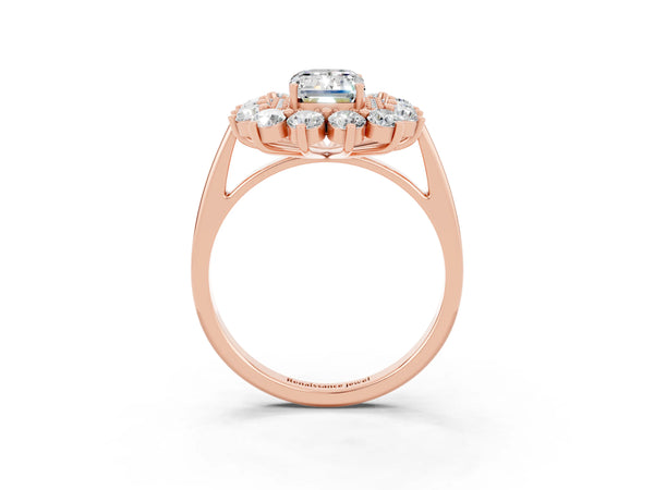 Rose gold Emerald Cut Moissanite Floral Double Halo Engagement Ring with Prong Setting