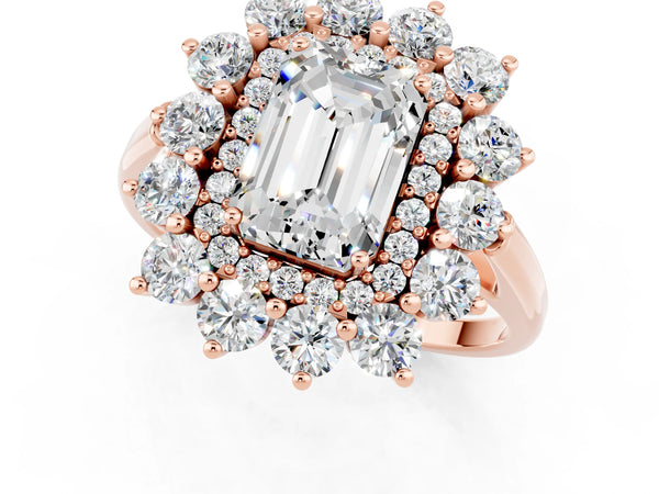 Rose gold Emerald Cut Moissanite Floral Double Halo Engagement Ring with Prong Setting