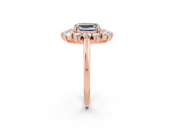 Rose gold Emerald Cut Moissanite Floral Double Halo Engagement Ring with Prong Setting