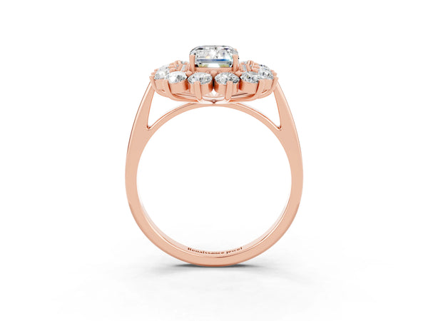 Rose gold Emerald Cut Moissanite Floral Double Halo Engagement Ring with Prong Setting