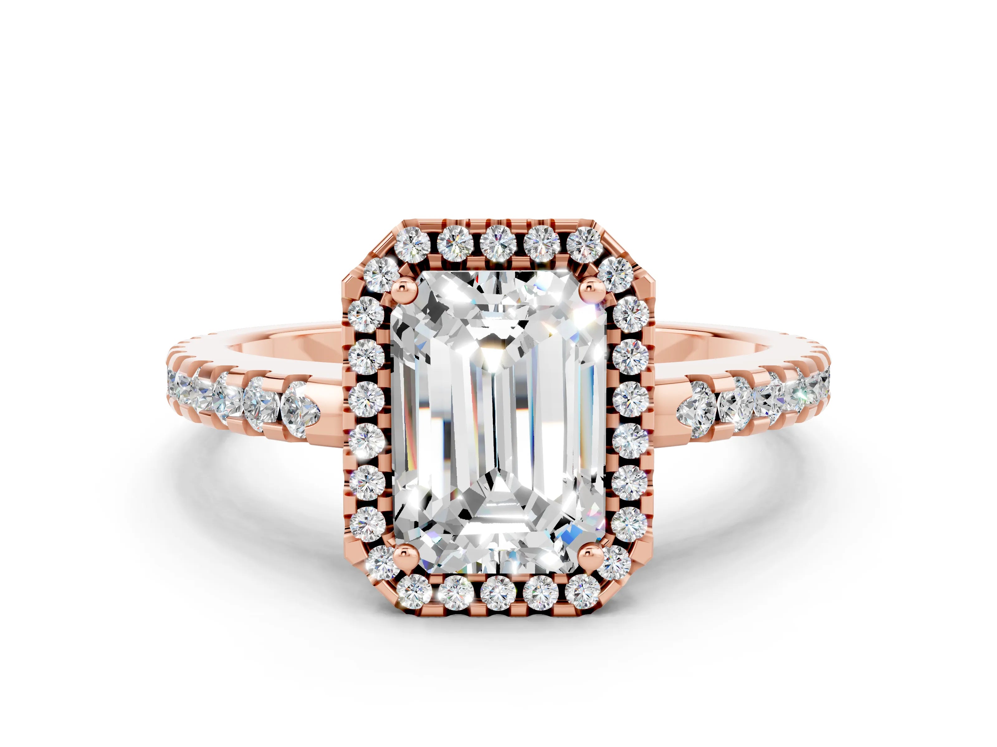 Rose gold Emerald Cut Moissanite Halo Engagement Ring with Pavé Band and Prong Setting_12