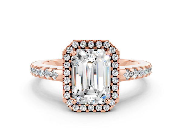 Rose gold Emerald Cut Moissanite Halo Engagement Ring with Pavé Band and Prong Setting