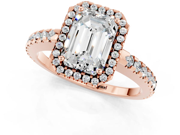 Rose gold Emerald Cut Moissanite Halo Engagement Ring with Pavé Band and Prong Setting
