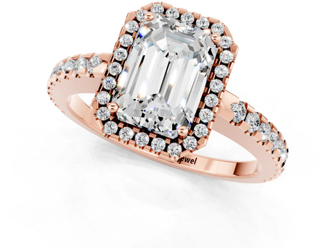 Rose gold Emerald Cut Moissanite Halo Engagement Ring with Pavé Band and Prong Setting_13