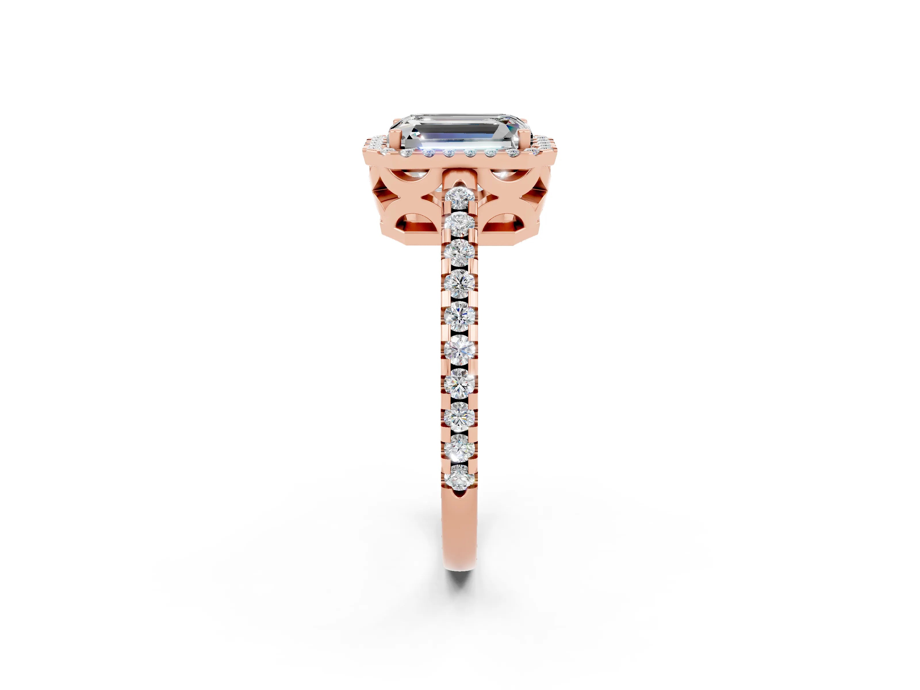 Rose gold Emerald Cut Moissanite Halo Engagement Ring with Pavé Band and Prong Setting_14