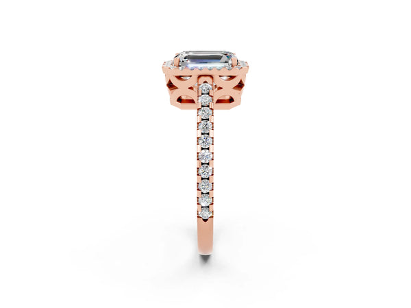 Rose gold Emerald Cut Moissanite Halo Engagement Ring with Pavé Band and Prong Setting