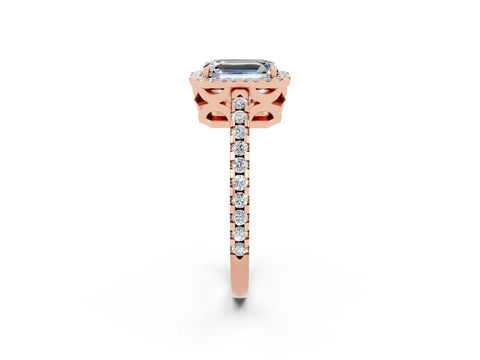 Rose gold Emerald Cut Moissanite Halo Engagement Ring with Pavé Band and Prong Setting_14