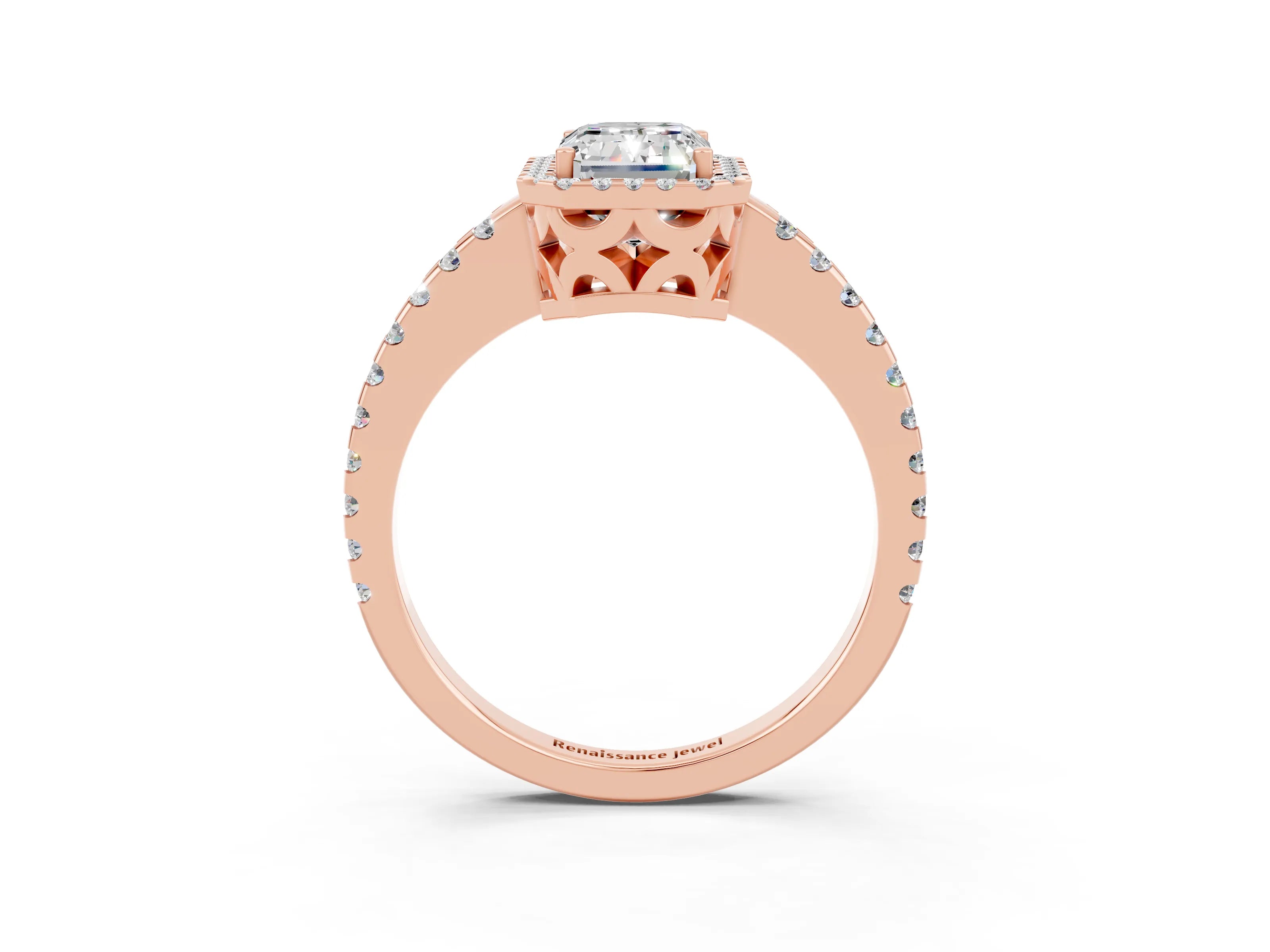 Rose gold Emerald Cut Moissanite Halo Engagement Ring with Pavé Band and Prong Setting_15