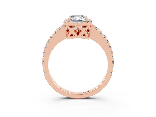 Rose gold Emerald Cut Moissanite Halo Engagement Ring with Pavé Band and Prong Setting