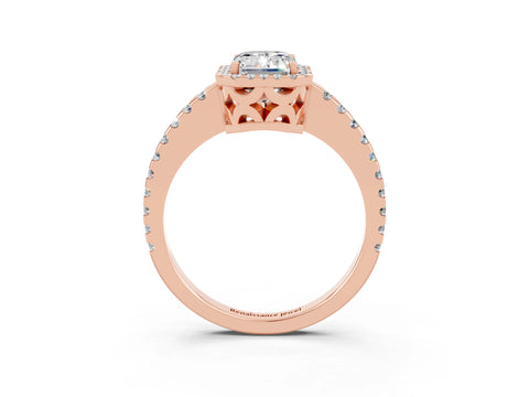 Rose gold Emerald Cut Moissanite Halo Engagement Ring with Pavé Band and Prong Setting_15