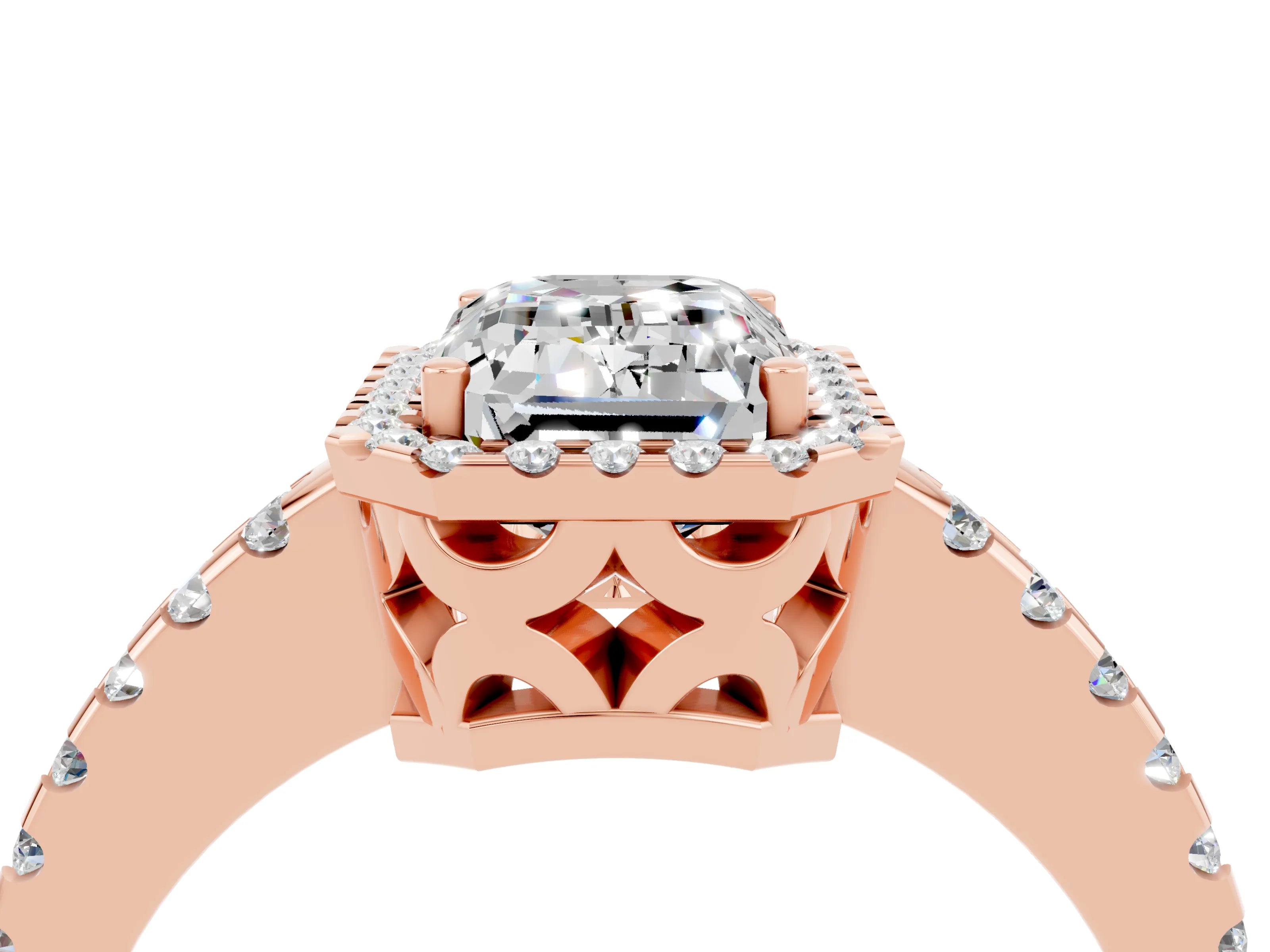 Rose gold Emerald Cut Moissanite Halo Engagement Ring with Pavé Band and Prong Setting_16