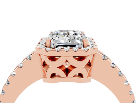 Rose gold Emerald Cut Moissanite Halo Engagement Ring with Pavé Band and Prong Setting_16