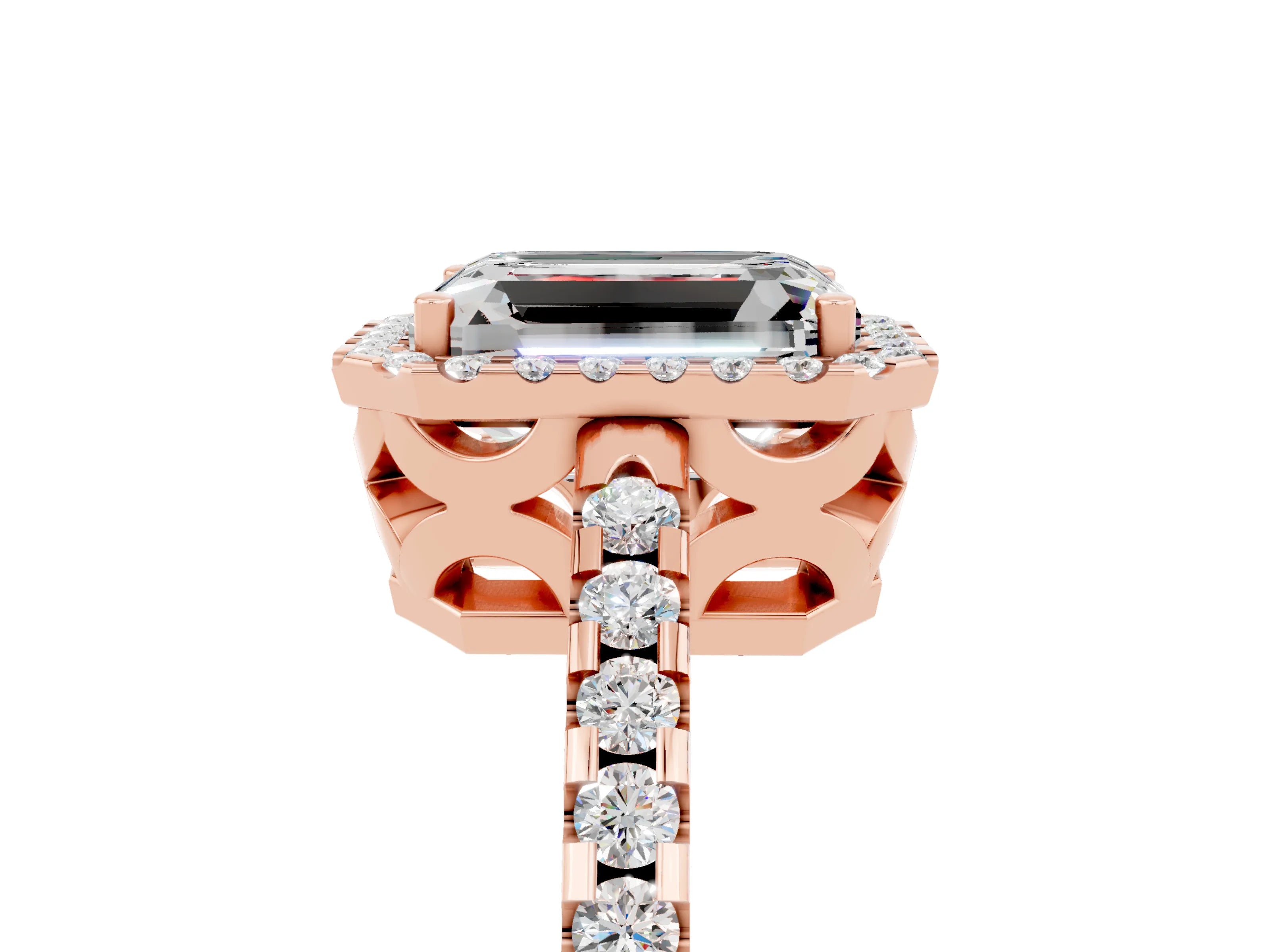 Rose gold Emerald Cut Moissanite Halo Engagement Ring with Pavé Band and Prong Setting_17