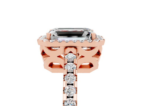 Rose gold Emerald Cut Moissanite Halo Engagement Ring with Pavé Band and Prong Setting_17