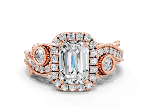 Rose gold Emerald Cut Moissanite Halo Ring with Milgrain Pavé Band and Four-Prong Setting_12