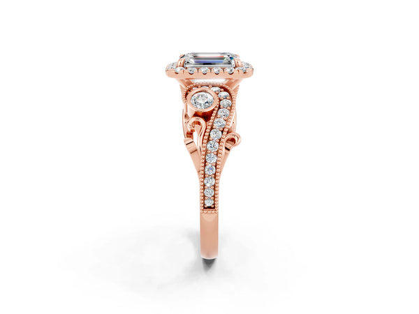 Rose gold Emerald Cut Moissanite Halo Ring with Milgrain Pavé Band and Four-Prong Setting