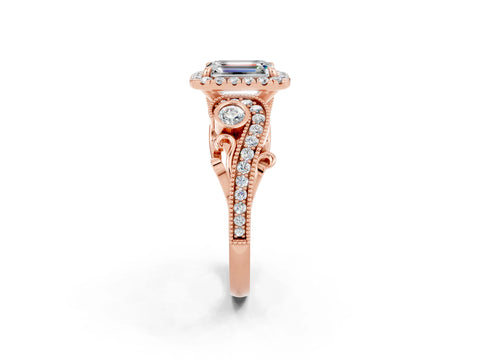Rose gold Emerald Cut Moissanite Halo Ring with Milgrain Pavé Band and Four-Prong Setting_14