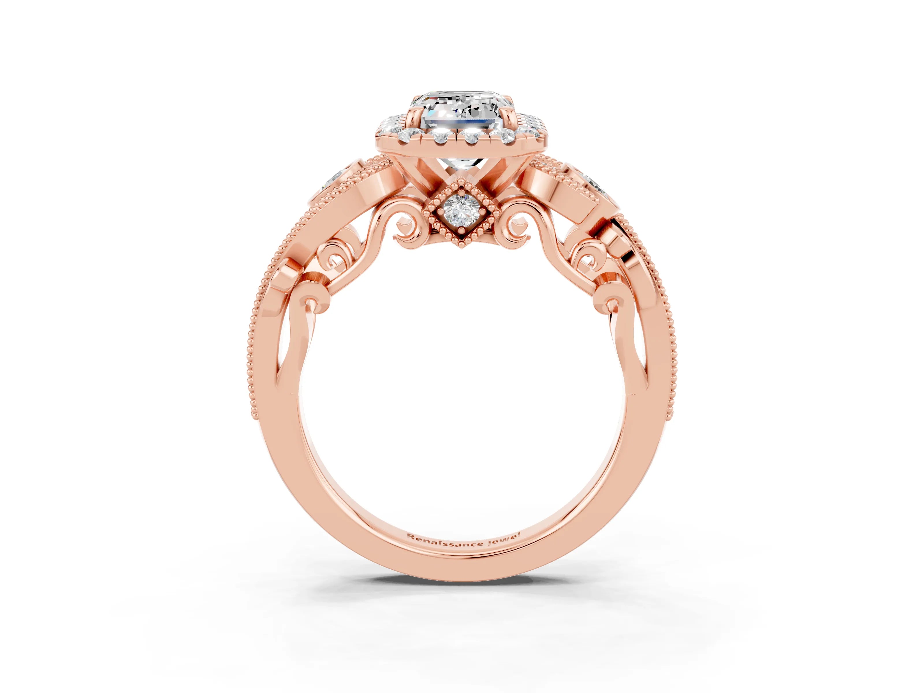 Rose gold Emerald Cut Moissanite Halo Ring with Milgrain Pavé Band and Four-Prong Setting_15