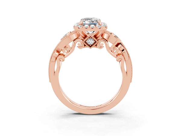 Rose gold Emerald Cut Moissanite Halo Ring with Milgrain Pavé Band and Four-Prong Setting