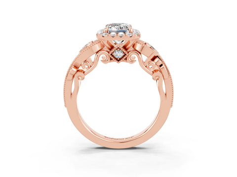 Rose gold Emerald Cut Moissanite Halo Ring with Milgrain Pavé Band and Four-Prong Setting_15