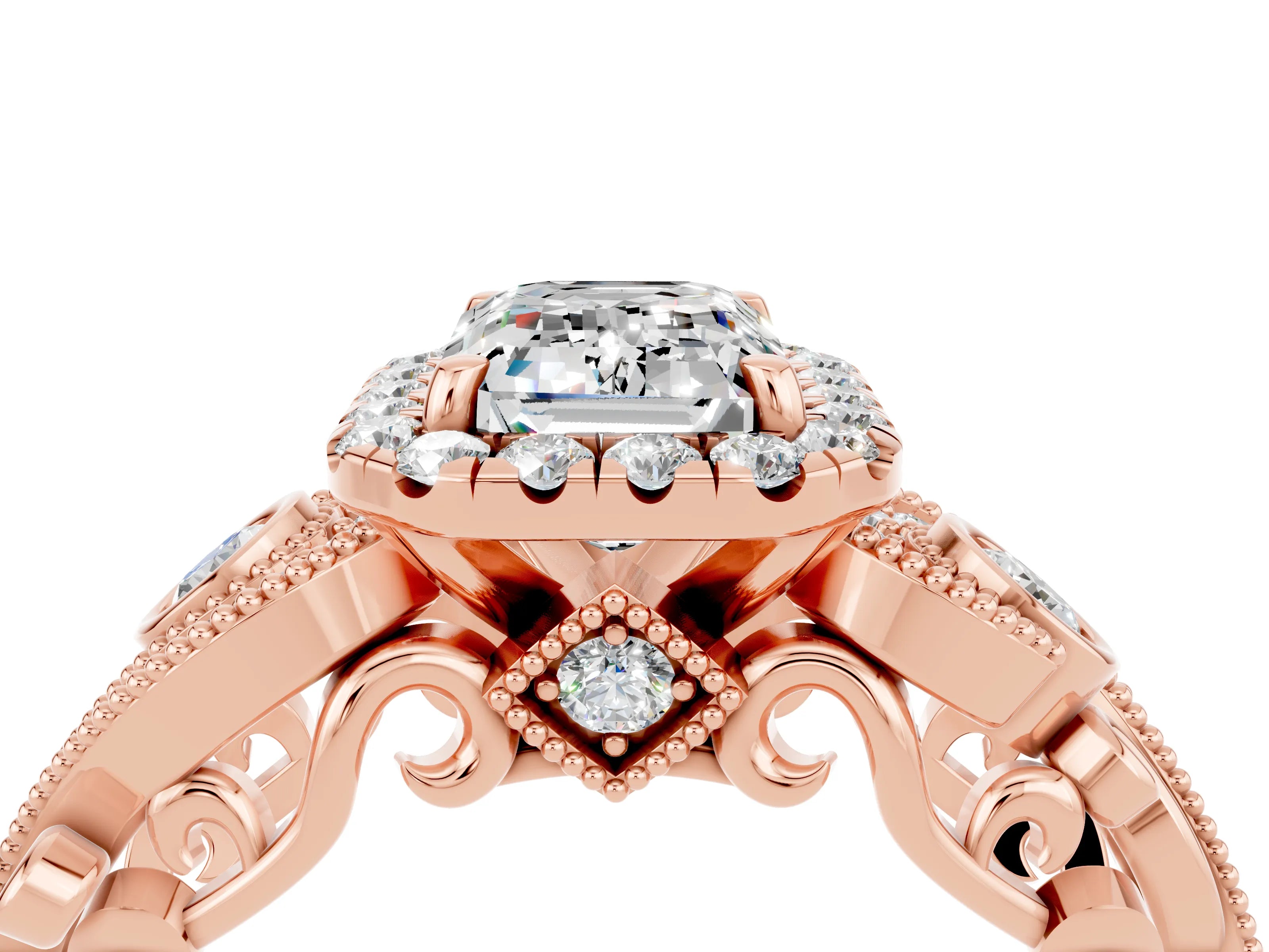 Rose gold Emerald Cut Moissanite Halo Ring with Milgrain Pavé Band and Four-Prong Setting_16