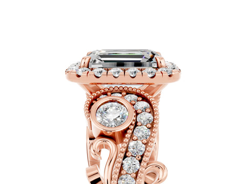 Rose gold Emerald Cut Moissanite Halo Ring with Milgrain Pavé Band and Four-Prong Setting_17