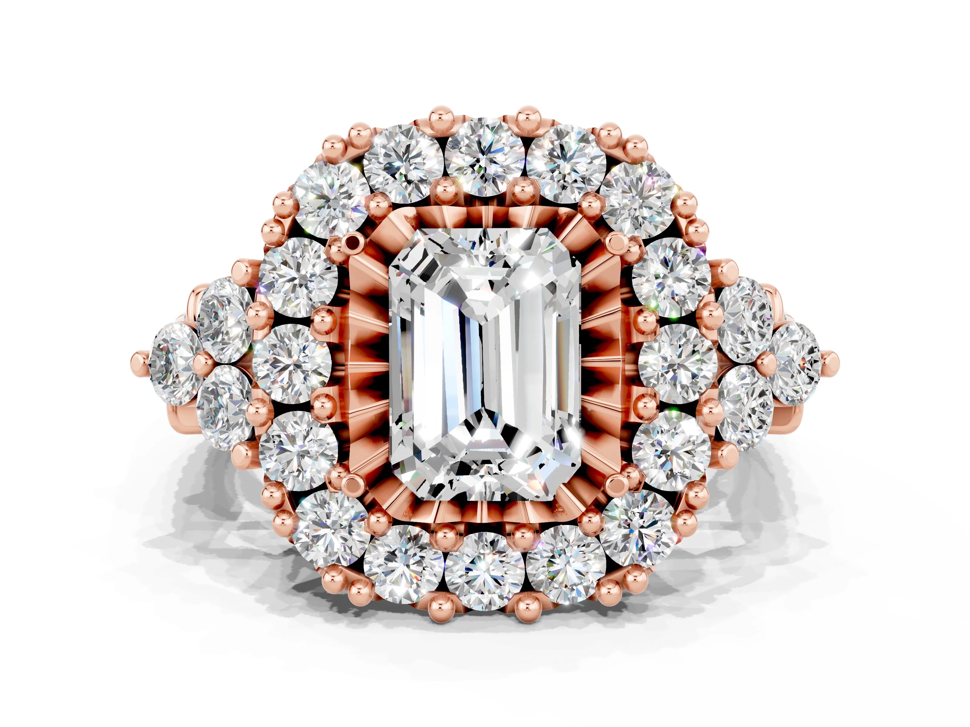 Rose gold Emerald Cut Moissanite Halo Ring with Pavé Band and Four-Prong Setting_12