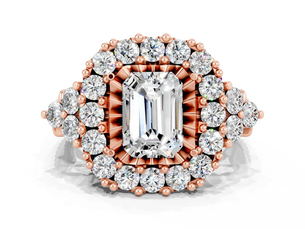 Rose gold Emerald Cut Moissanite Halo Ring with Pavé Band and Four-Prong Setting