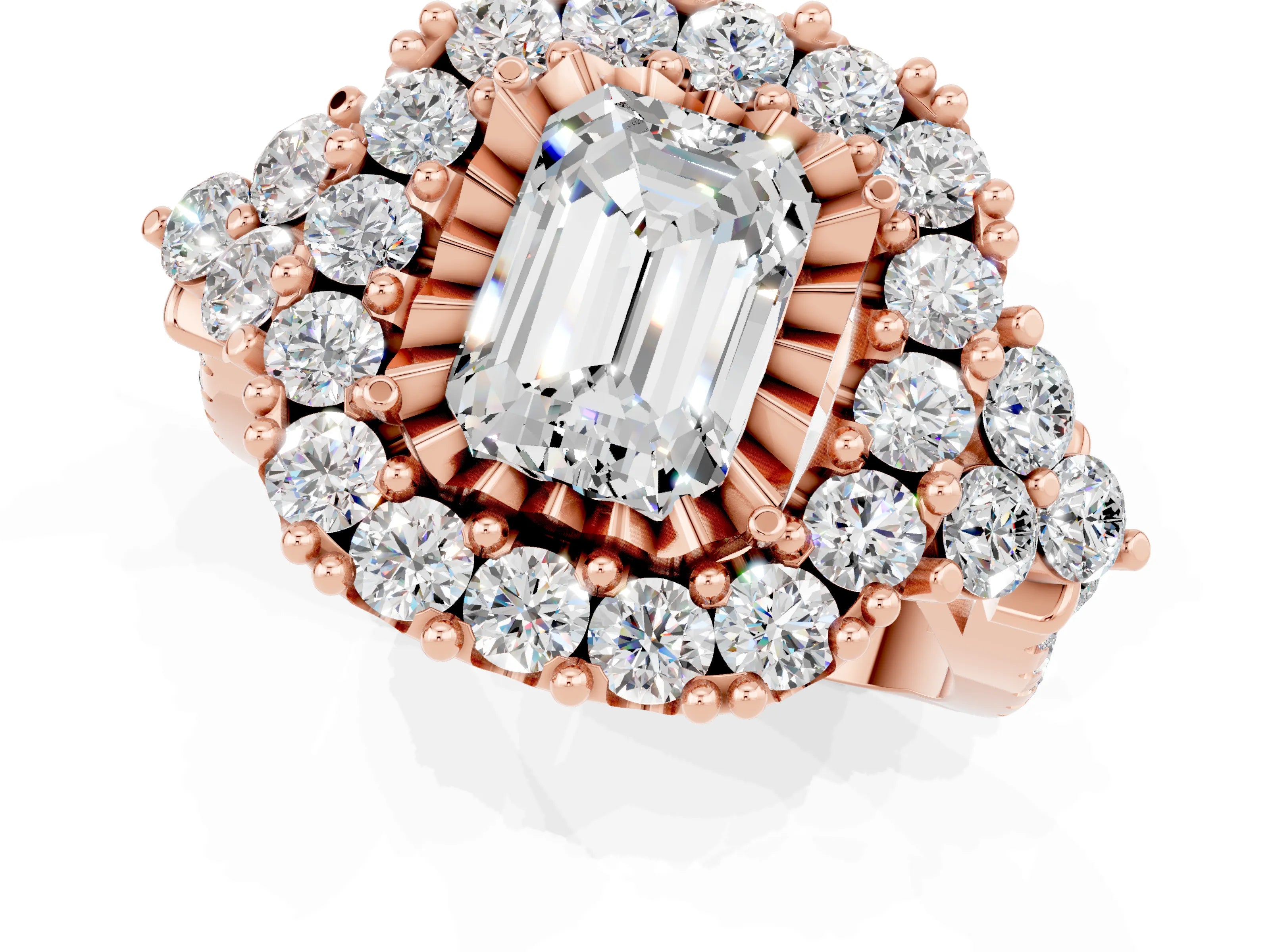 Rose gold Emerald Cut Moissanite Halo Ring with Pavé Band and Four-Prong Setting_13