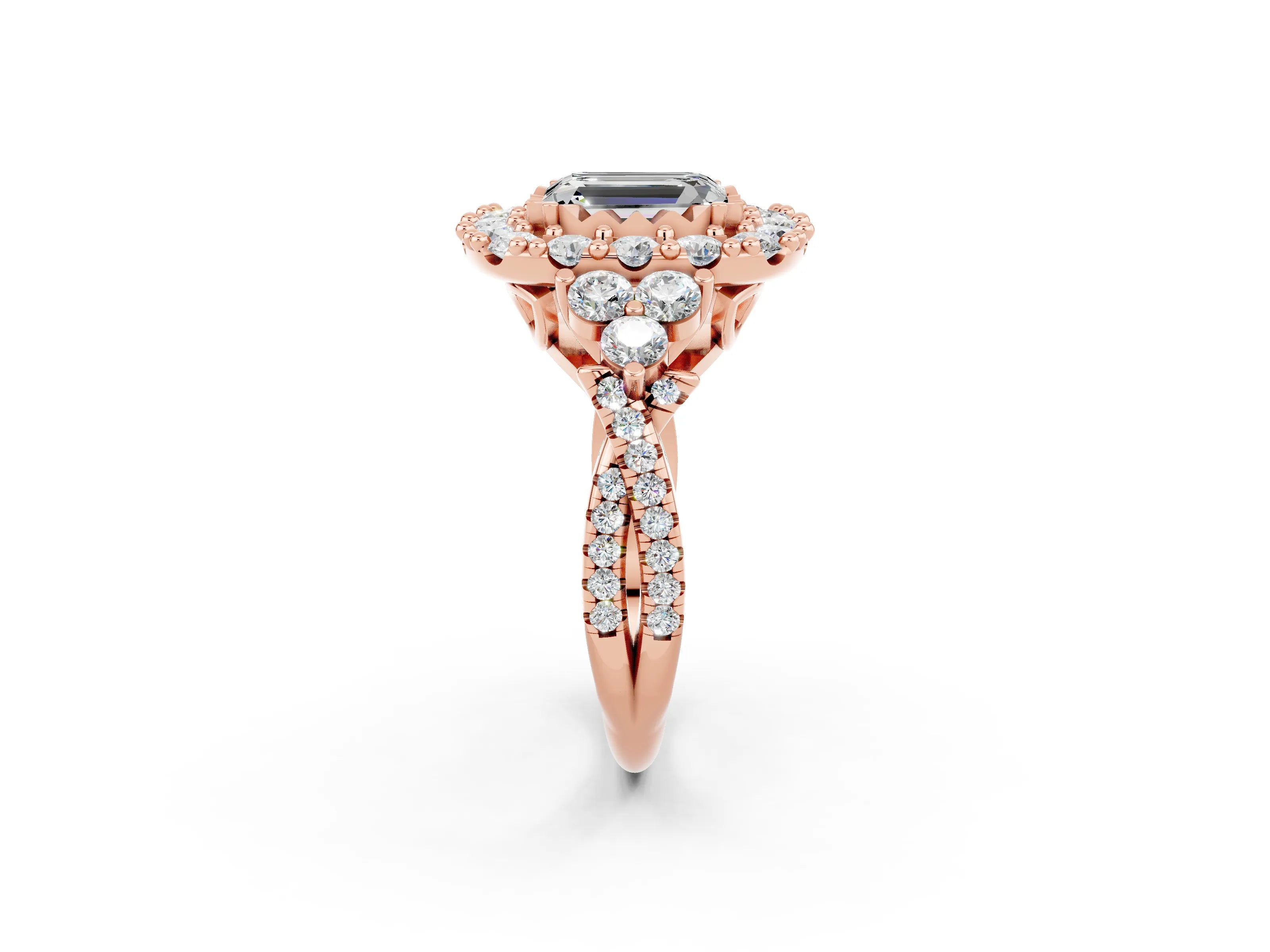 Rose gold Emerald Cut Moissanite Halo Ring with Pavé Band and Four-Prong Setting_14