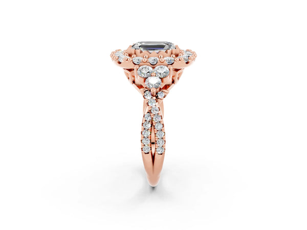 Rose gold Emerald Cut Moissanite Halo Ring with Pavé Band and Four-Prong Setting