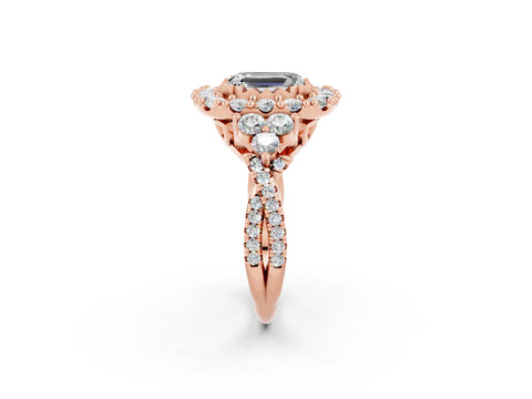 Rose gold Emerald Cut Moissanite Halo Ring with Pavé Band and Four-Prong Setting_14