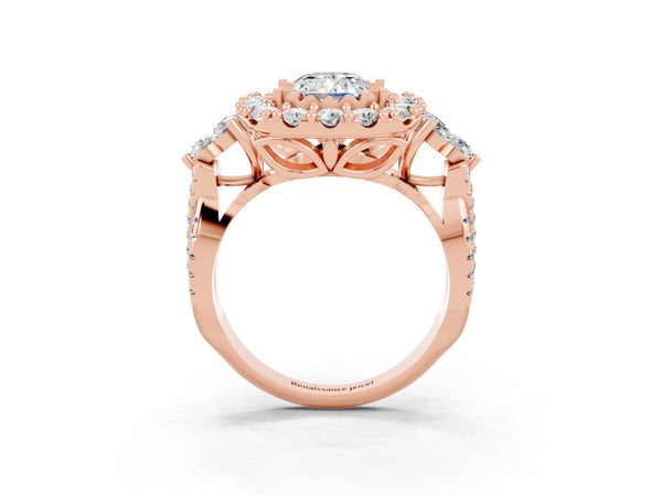 Rose gold Emerald Cut Moissanite Halo Ring with Pavé Band and Four-Prong Setting