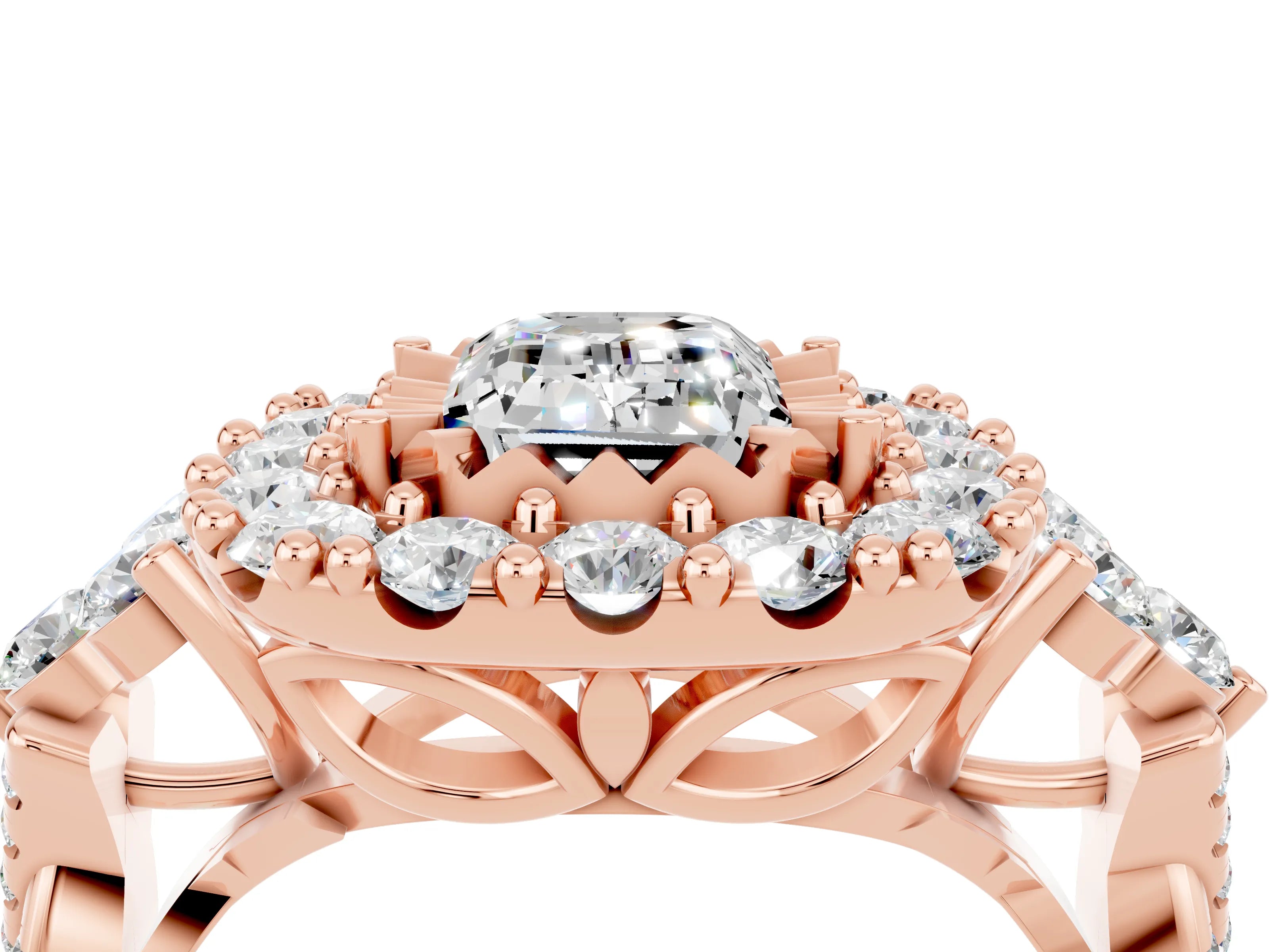 Rose gold Emerald Cut Moissanite Halo Ring with Pavé Band and Four-Prong Setting_16