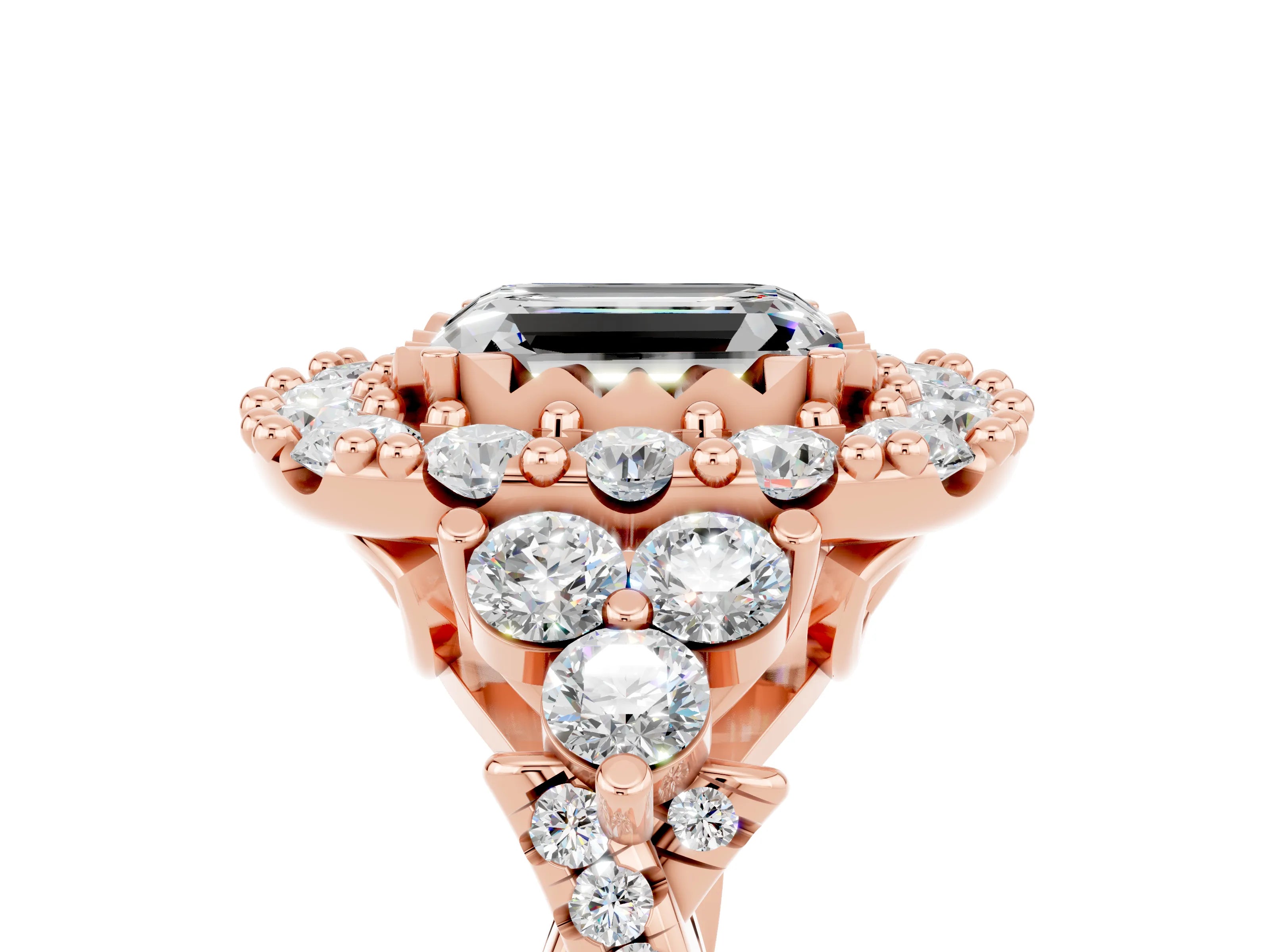 Rose gold Emerald Cut Moissanite Halo Ring with Pavé Band and Four-Prong Setting_17