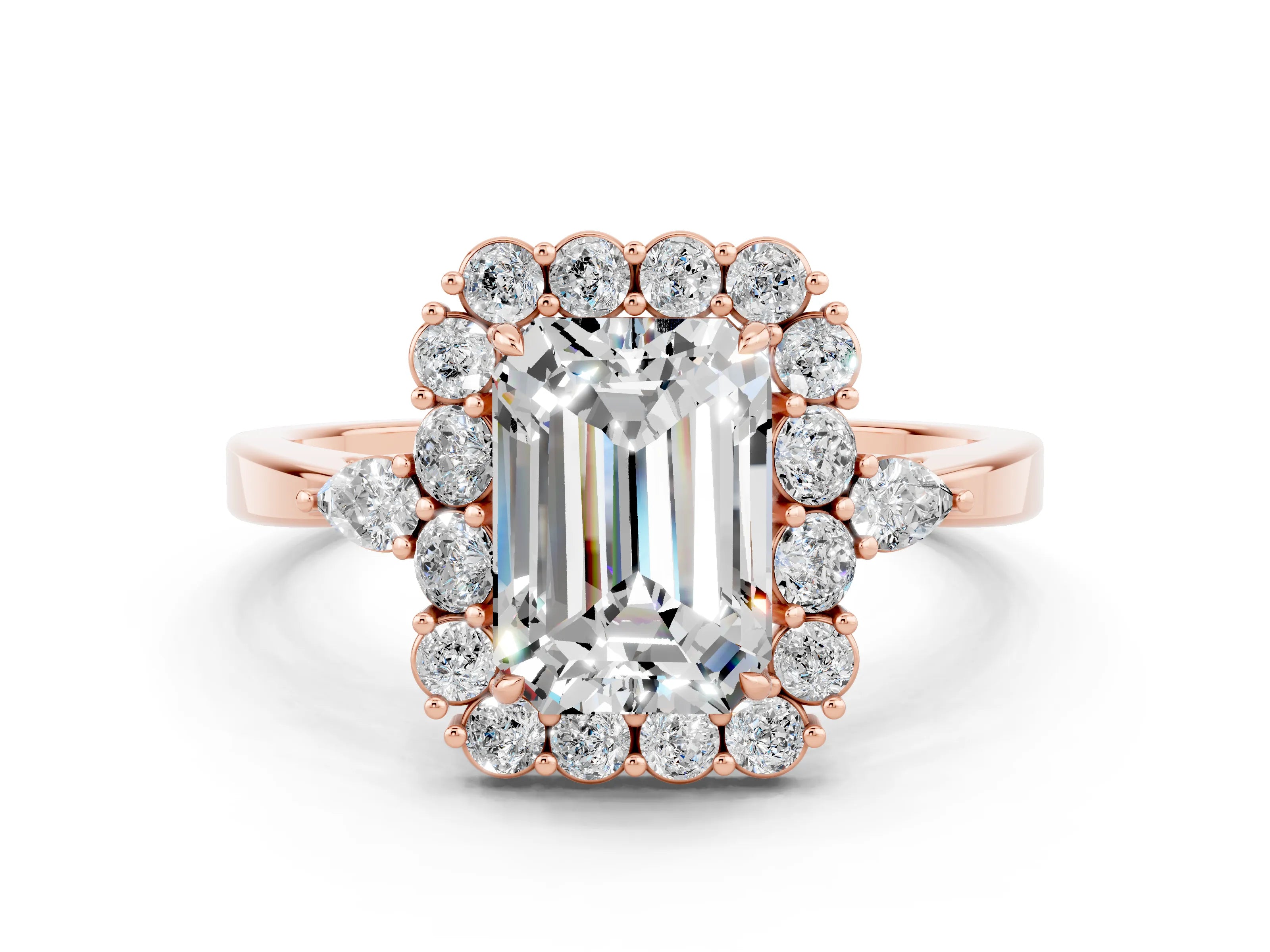 Rose gold Emerald Cut Moissanite Halo Ring with Pear Side Stones and Prong Setting_12