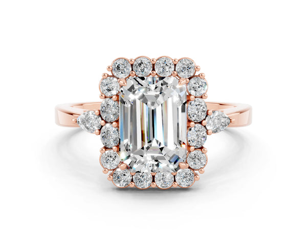 Rose gold Emerald Cut Moissanite Halo Ring with Pear Side Stones and Prong Setting