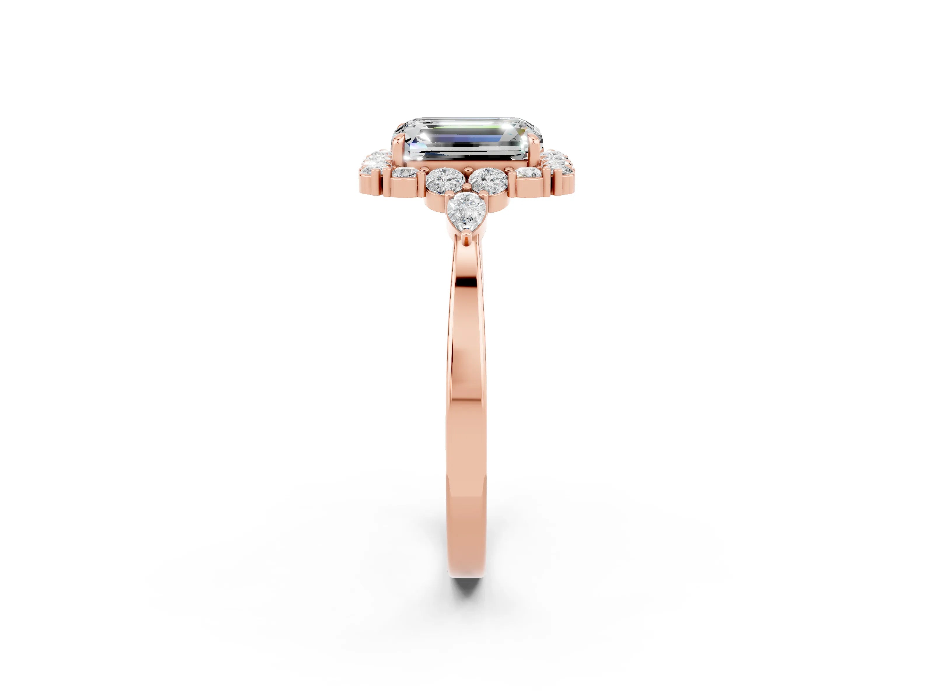 Rose gold Emerald Cut Moissanite Halo Ring with Pear Side Stones and Prong Setting_14