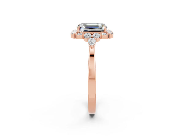 Rose gold Emerald Cut Moissanite Halo Ring with Pear Side Stones and Prong Setting