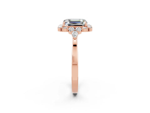 Rose gold Emerald Cut Moissanite Halo Ring with Pear Side Stones and Prong Setting_14