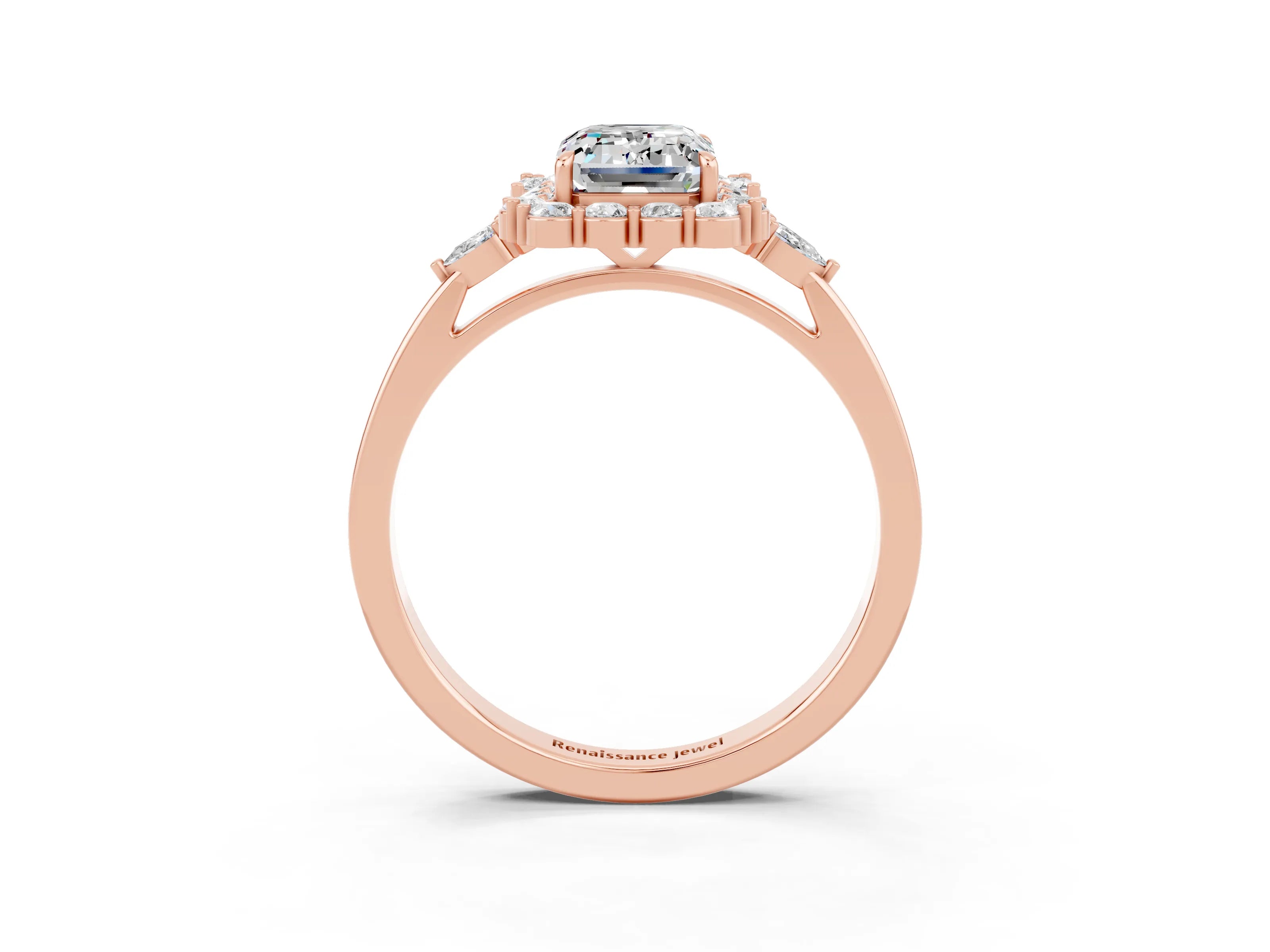 Rose gold Emerald Cut Moissanite Halo Ring with Pear Side Stones and Prong Setting_15