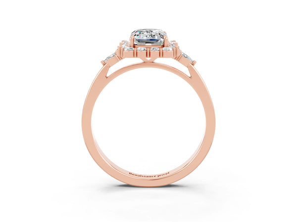 Rose gold Emerald Cut Moissanite Halo Ring with Pear Side Stones and Prong Setting