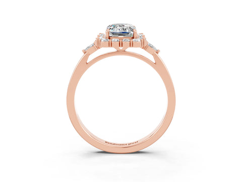 Rose gold Emerald Cut Moissanite Halo Ring with Pear Side Stones and Prong Setting_15