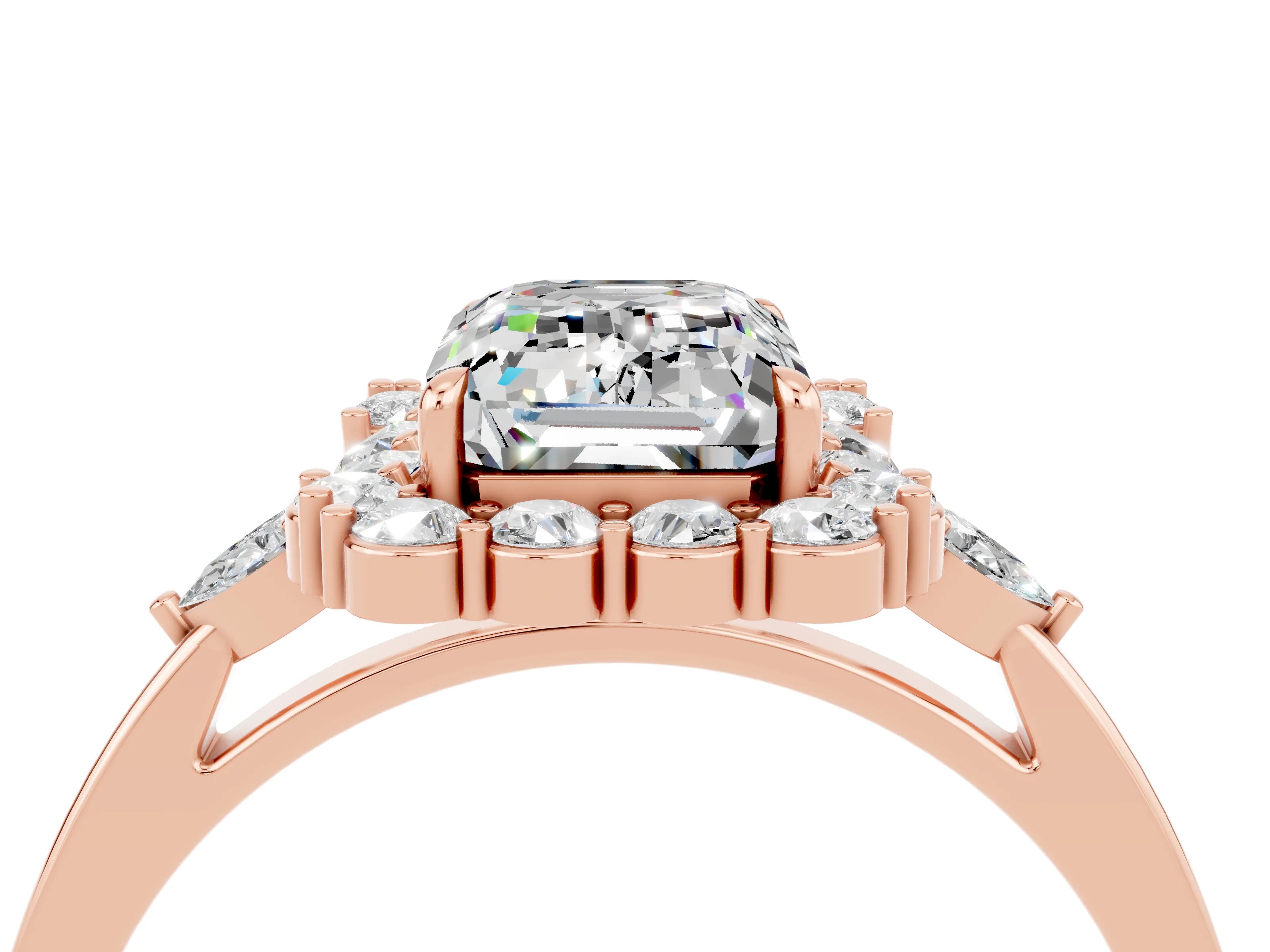 Rose gold Emerald Cut Moissanite Halo Ring with Pear Side Stones and Prong Setting_16
